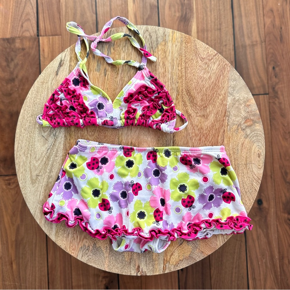 Tropic Sun Baby Girl Ladybug and Floral 2 Piece Swimsuit Sz: 18M